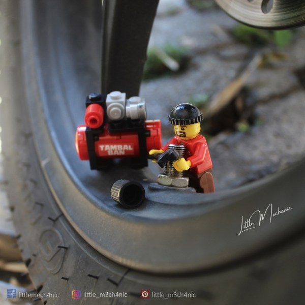 Photo of custom lego set, flat tire repair, tambal ban