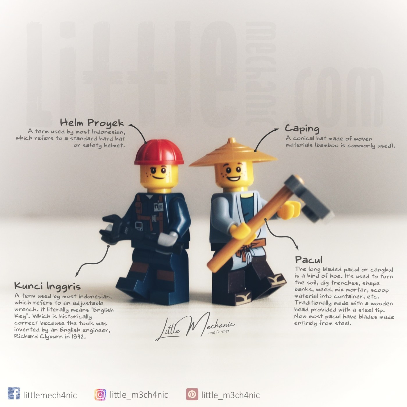 Photo of Lego minifigure, mechanic and farmer