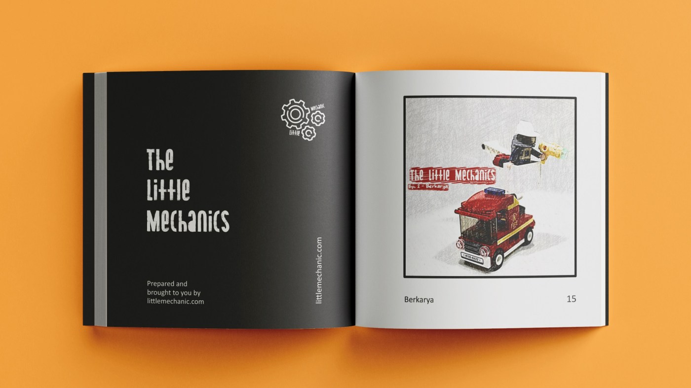 Gambar mockup komik the little mechanic yang tokohnya minifigure Sluban, Lego, dan brick lainnya.