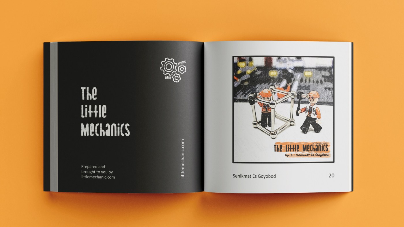 Gambar mockup komik the little mechanic yang tokohnya minifigure Sluban, Lego, dan brick lainnya.