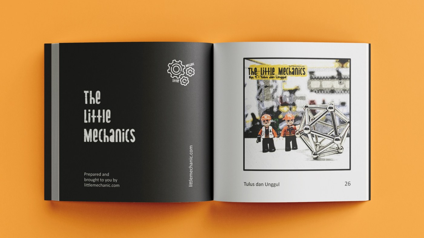 Gambar mockup komik the little mechanic yang tokohnya minifigure Sluban, Lego, dan brick lainnya.