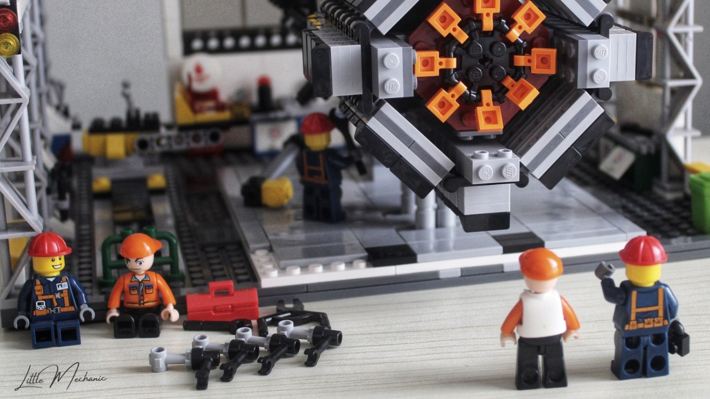 Image of gas turbine maintenance activity by Lego and Sluban technician minifigures