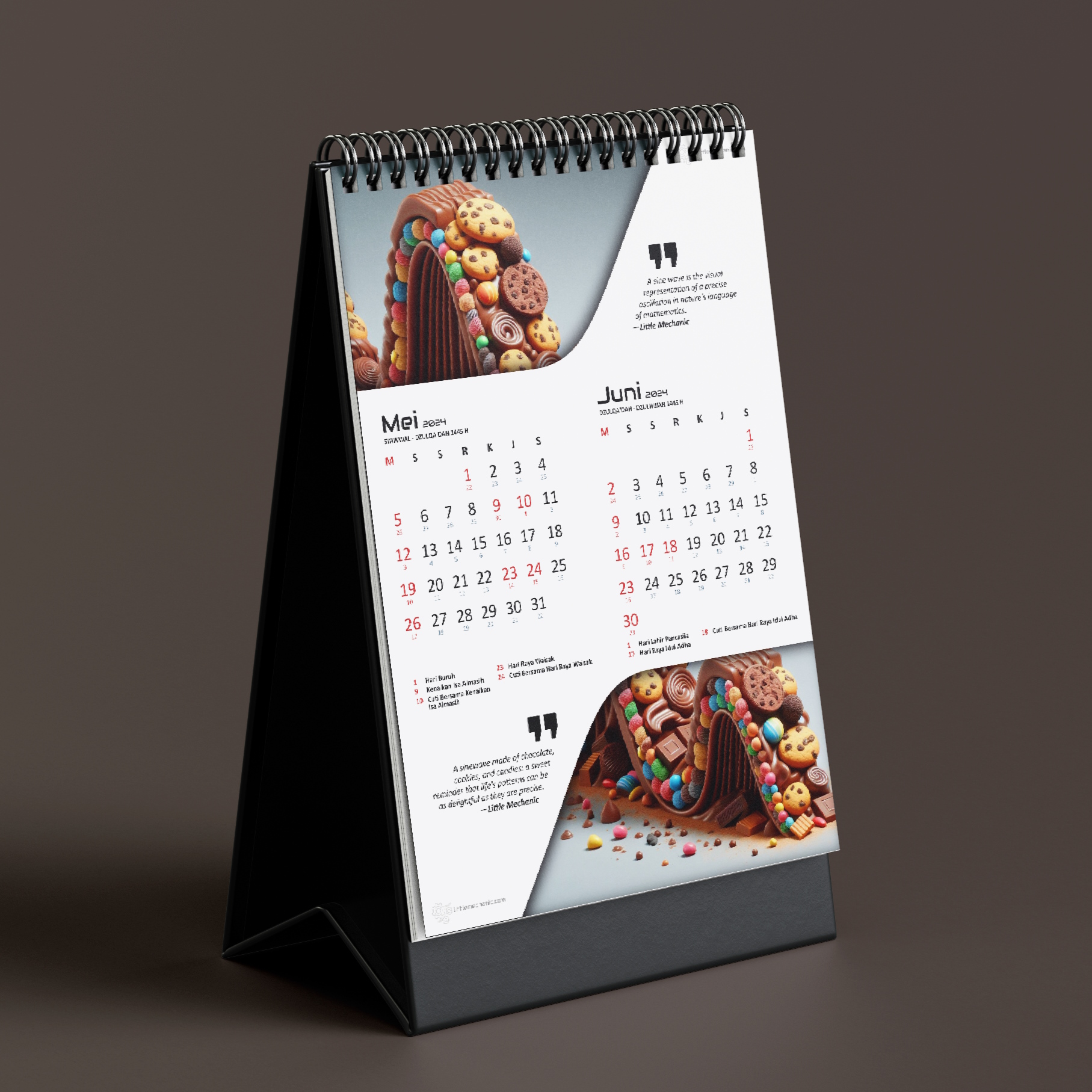 Printable calendar, kalender 2024 tema coklat, kue, permen, matematika, teknik, hidup