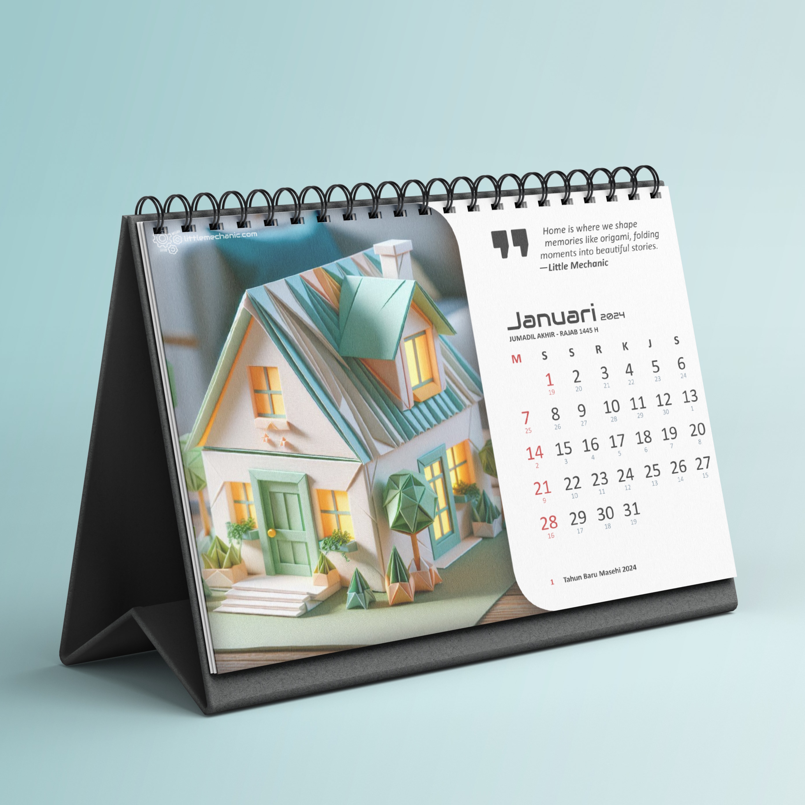 Printable calendar, kalender 2024 tema rumah, origami