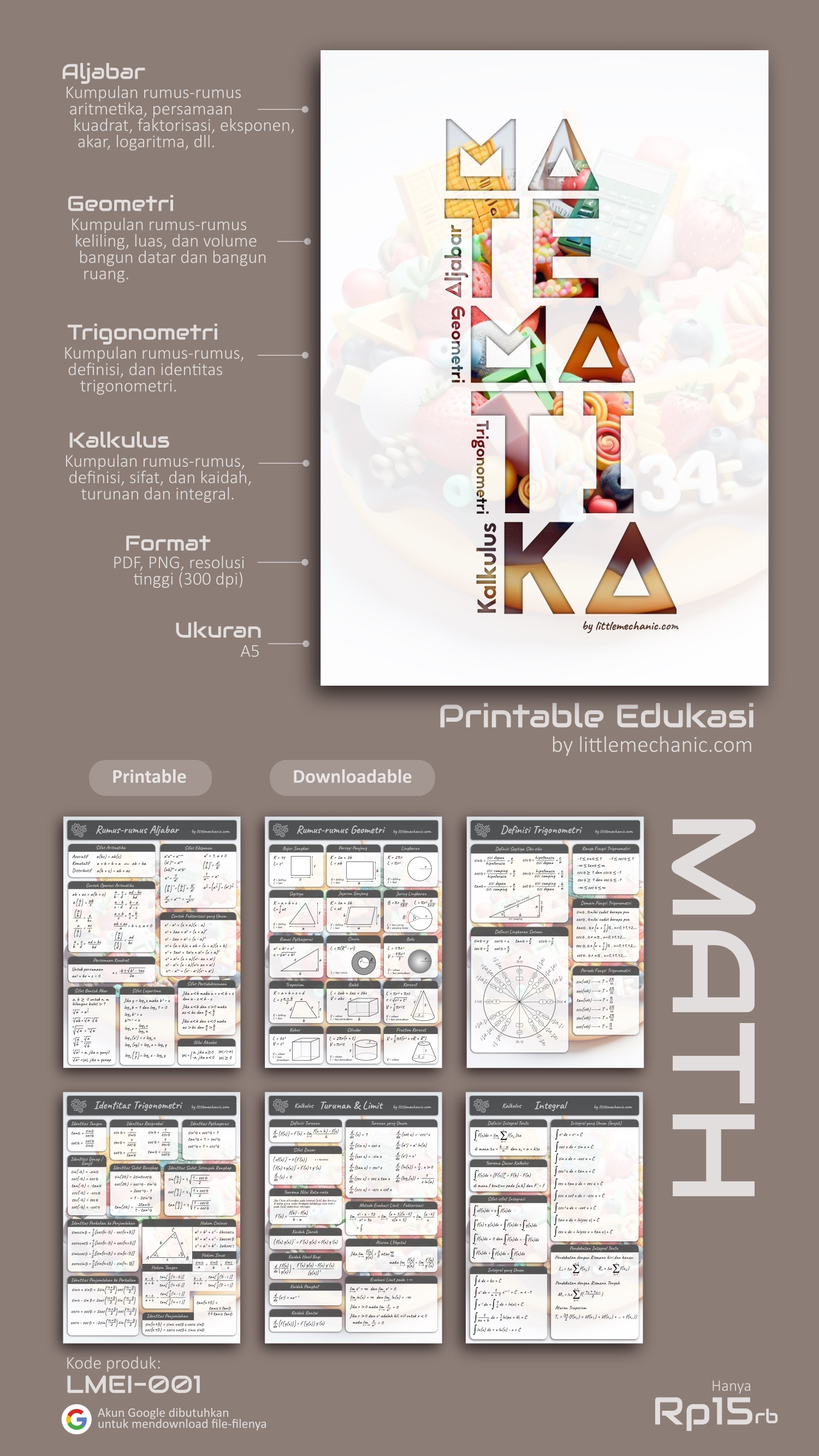 Printable edukasi matematika, rumus aljabar, geometri, trigonometri, kalkulus