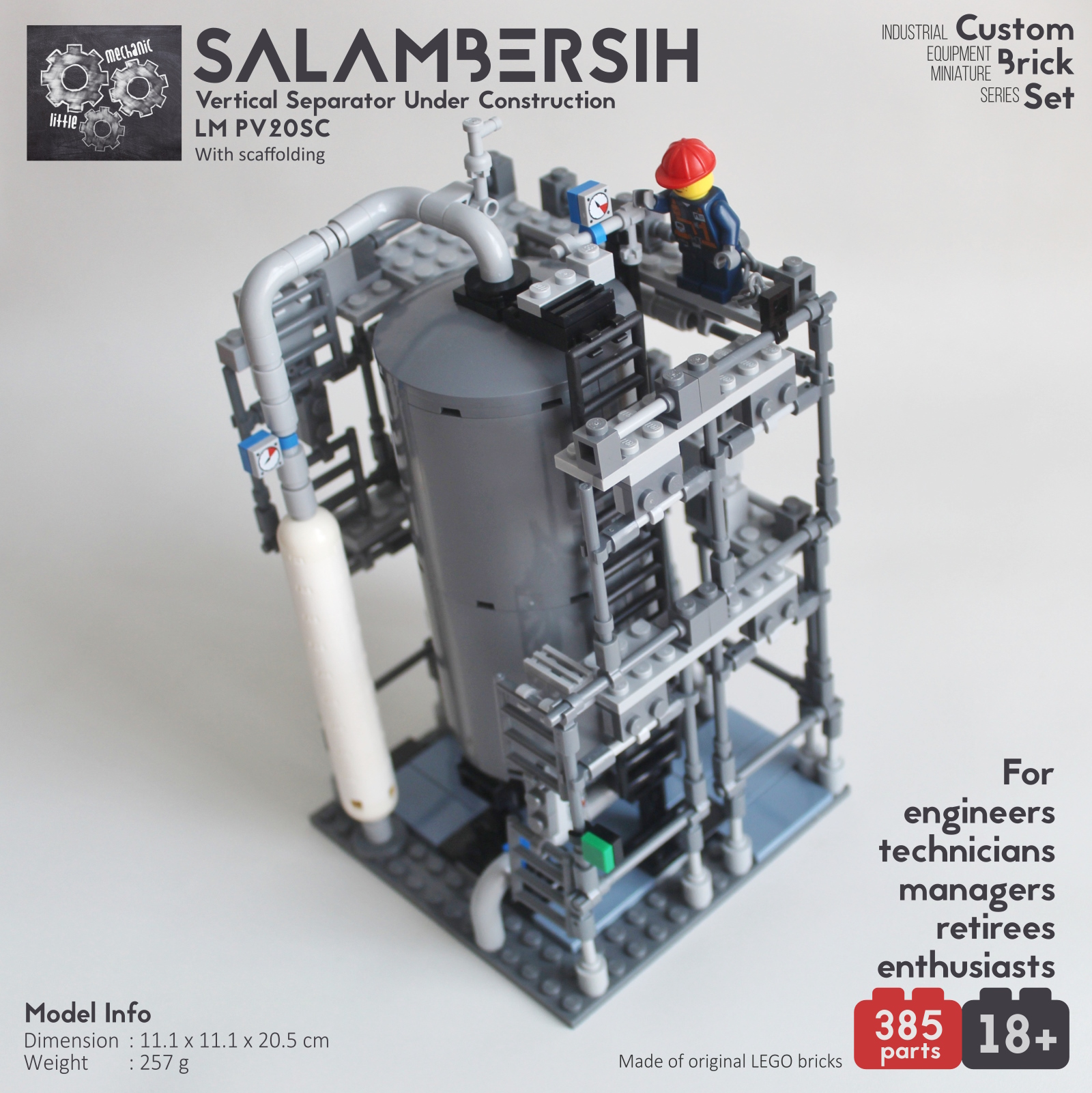 Image of vertical separator under construction with scaffolding custom lego set