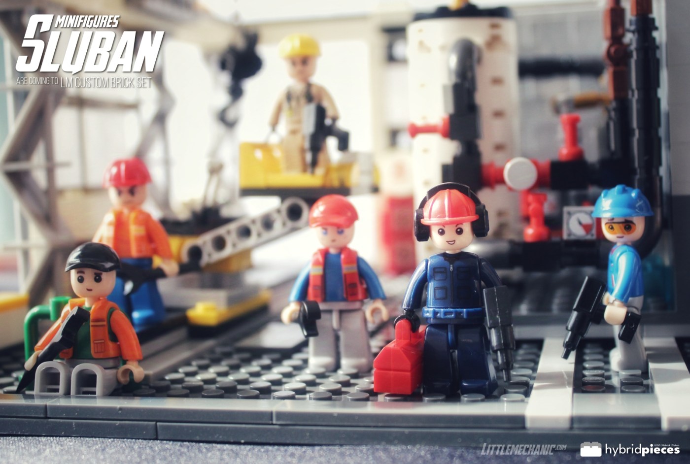 Image of Sluban minifigures joining industrial equipment miniature models